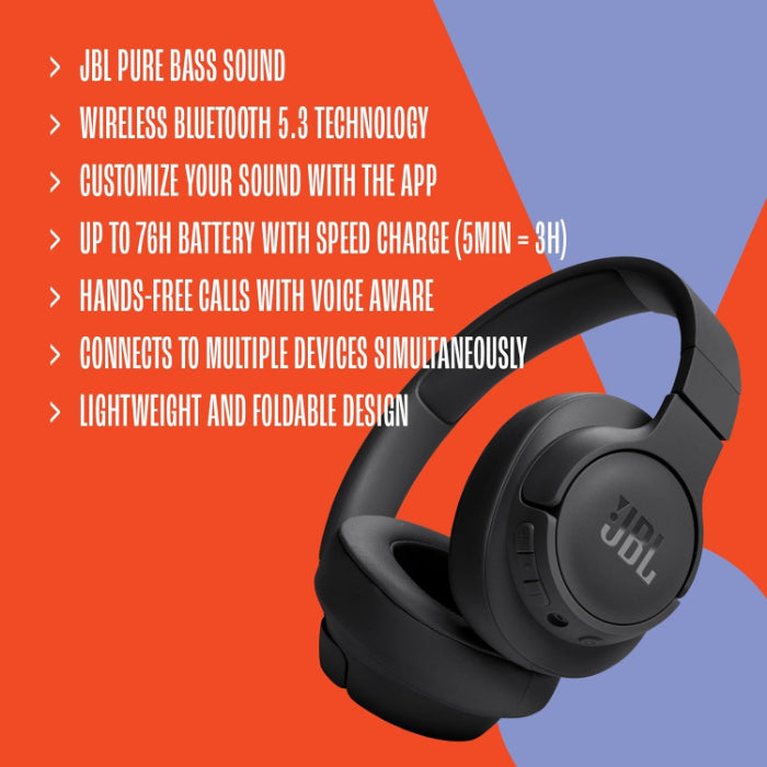 JBL Tune 720BT Wireless Over-Ear Pure Bass Bluetooth 5.3 Up to 76H Foldable Black