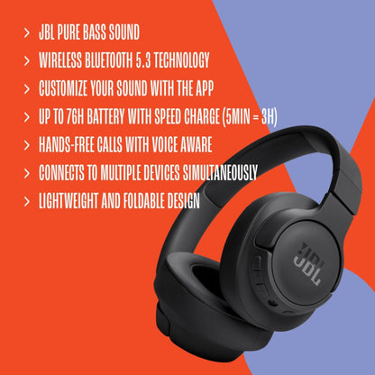 JBL Tune 720BT Wireless Over-Ear Pure Bass Bluetooth 5.3 Up to 76H Foldable Black