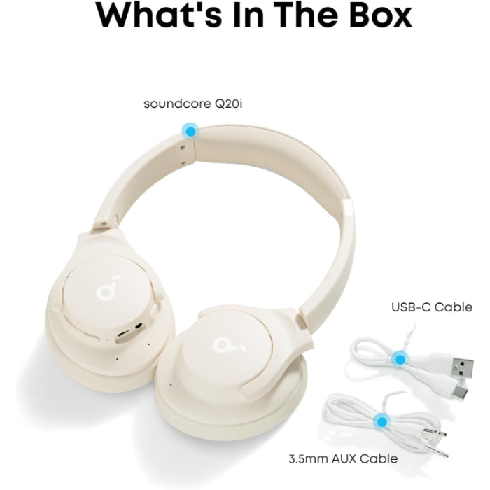 Soundcore by Anker Q20i Hybrid Active Noise Cancelling Headphones Wireless Over-Ear Bluetooth Almond White