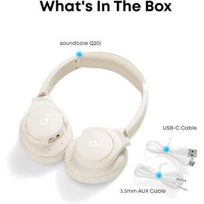 Soundcore by Anker Q20i Hybrid Active Noise Cancelling Headphones Wireless Over-Ear Bluetooth Almond White