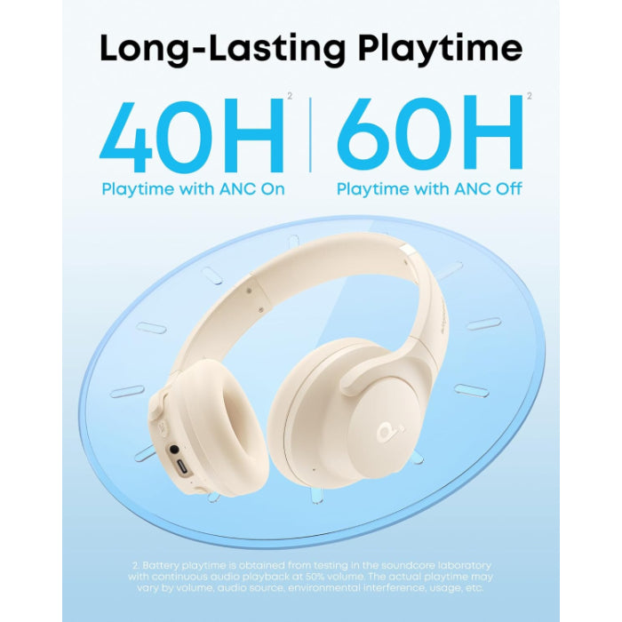 Soundcore by Anker Q20i Hybrid Active Noise Cancelling Headphones Wireless Over-Ear Bluetooth Almond White