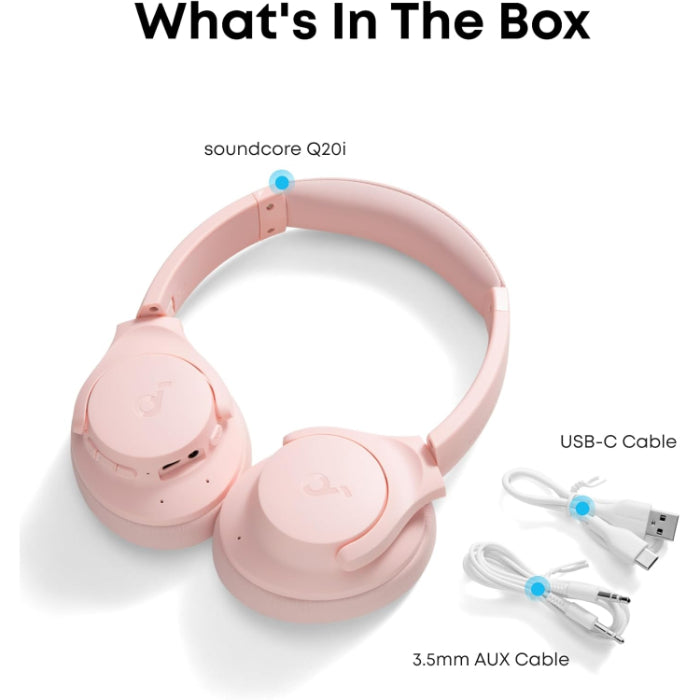 Soundcore by Anker Q20i Hybrid Active Noise Cancelling Headphones Wireless Over-Ear Bluetooth Pink
